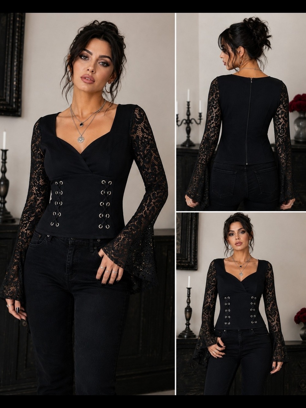 VENUS Black Lace Bell-Sleeve Corset-Style Top